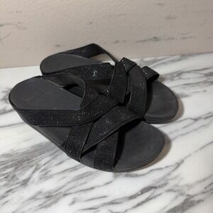 FitFlop Rokkit Sandals Womens 8 Black Strappy Rhinestone Wedge Comfort Casual